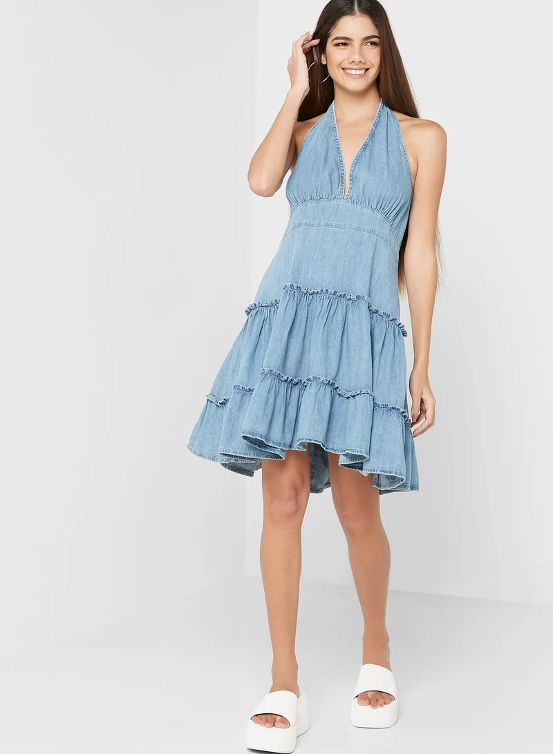 TOPSHOP Halter Neck Ruffle Detail Denim Dress