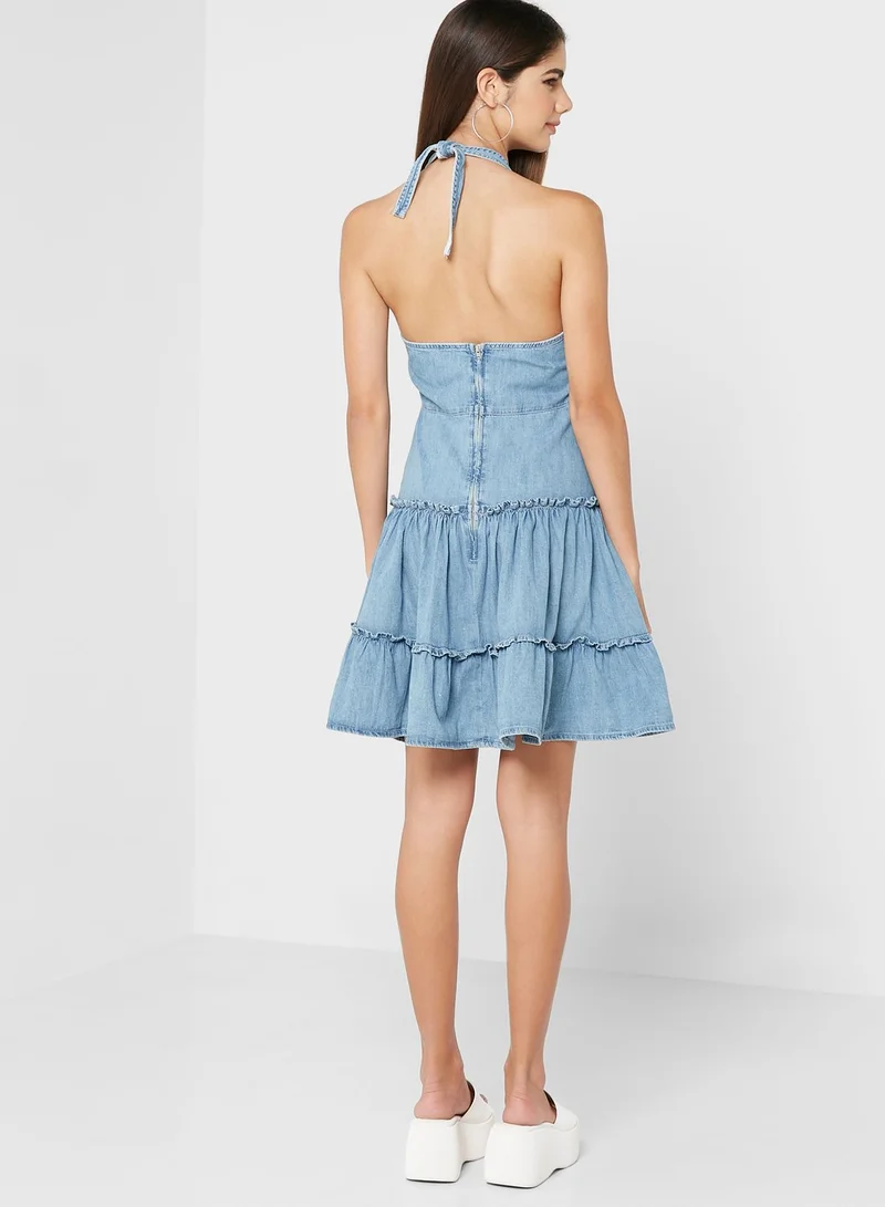 TOPSHOP Halter Neck Ruffle Detail Denim Dress