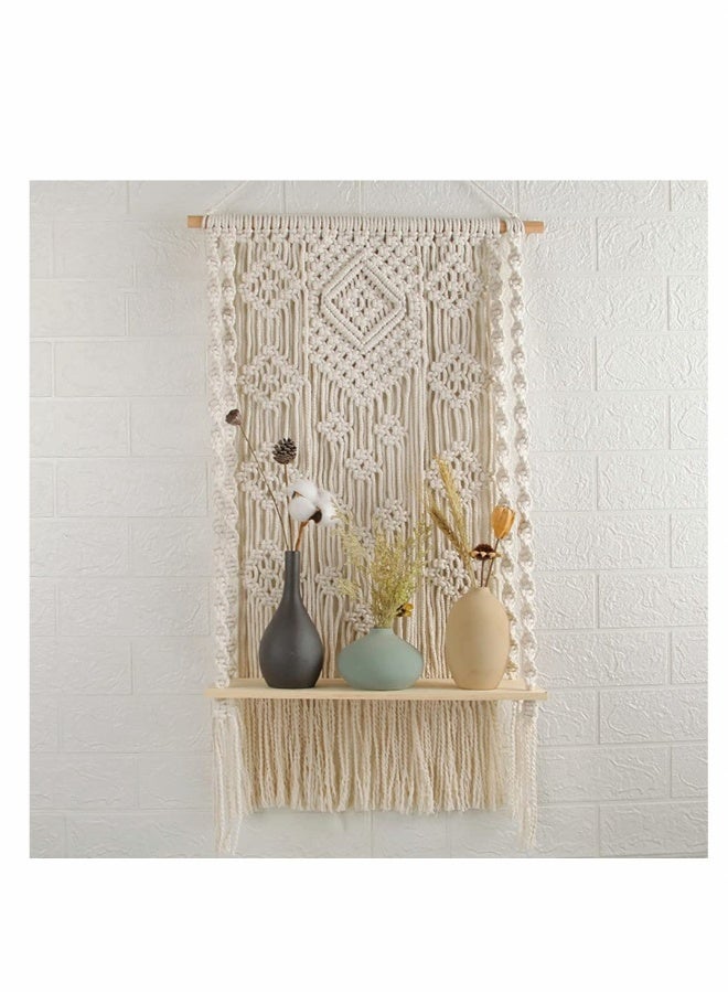Handmade Macrame Wall Shelf for Boho Home Decor, Woven Cotton Rope Plant Hanger and Organizer, Stylish White Wood Display for Indoor Plants - Image 2