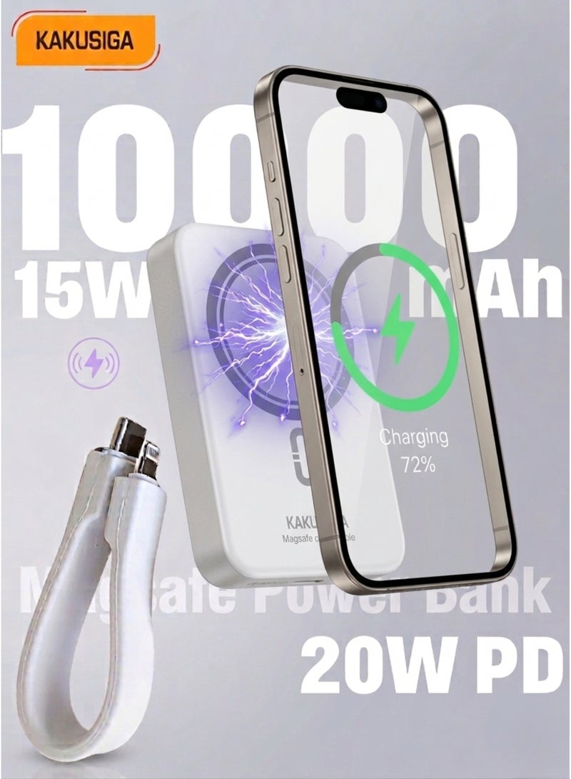 كاكوسيجا شاحن كاكوسيغا المحمول KSC-1092 بسعة 10000 مللي أمبير، يدعم الشحن السريع بتقنية MagSafe، والشحن اللاسلكي بقدرة 15 واط، ومخرج طاقة PD بقدرة 20 واط، مزود بكابل من النوع C وموصل Lightning، شاحن محمول خفيف الوزن بحجم الجيب مع مؤشر LED لمستوى البطارية، متوافق مع أجهزة iPhone من سلسلة 15/14/13/12، وSamsung Galaxy S24/S23/S22، وأجهزة Android وUSB-C - Image 1