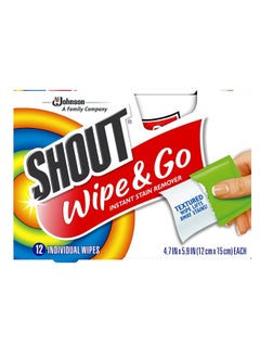 Shout Wipes, Wipe and Go Instant Stain Remover, Laundry Stain and Spot Remover for On-The-Go, 12 Wipes Per Carton - Pack of 6 Cartons (72 Total Wipes)