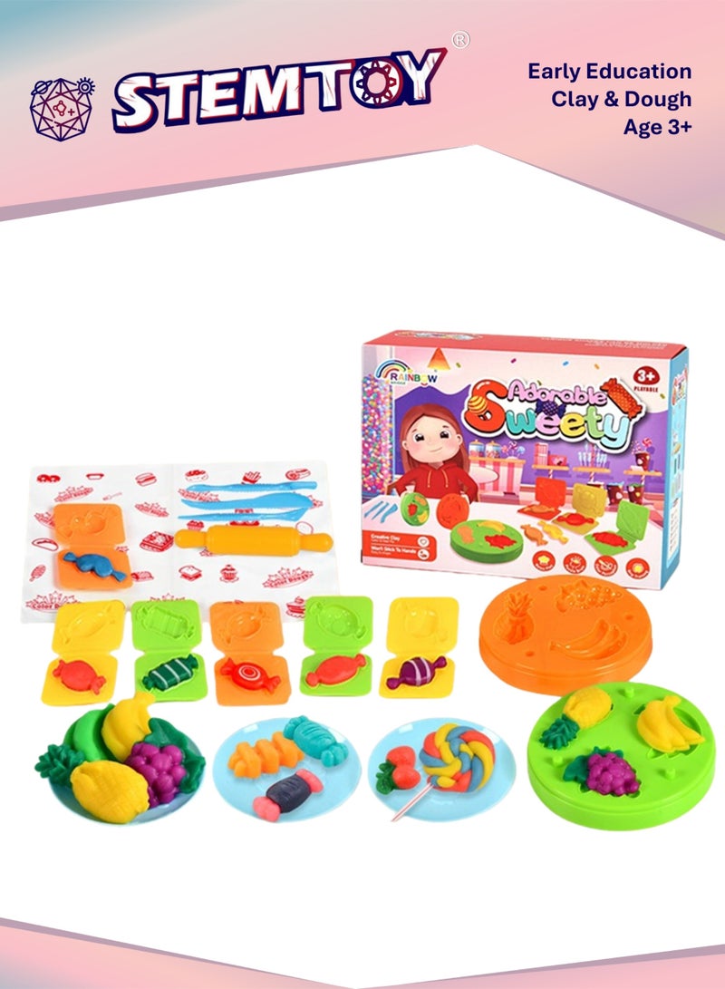 STEMTOY DIY Playdough Set Play Dough Adorable Sweety Playdough Fruit & Candy Play Set with 24 Pcs, 8 Colors of Dough, 6 Candy Molds, 2 Fruit & Vegetable Molds, Role-Playing Toy for Kids Girls Boys Ages 3+, Family Birthday Gifts - Image 1