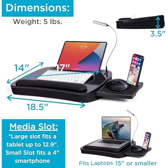 rayihni MULTI-TASKING LAP DESK WITH MEMORY FOAM CUSHION | USB LIGHT AND MOUSE PAD | FITS LAPTOPS UP TO 15" | TABLETS UP TO 9.6" | SMARTPHONES UP TO 4" | BLACK SPACKLE TOP | HOME OFFICE - Image 3