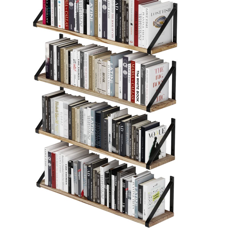 Wallniture Bora Floating Shelves 24x6 Set of 4 Small Bookshelf Unit for Living Room Office Bedroom Natural Burned Rustic Wood Wall Decor with Metal Shelf Bracket