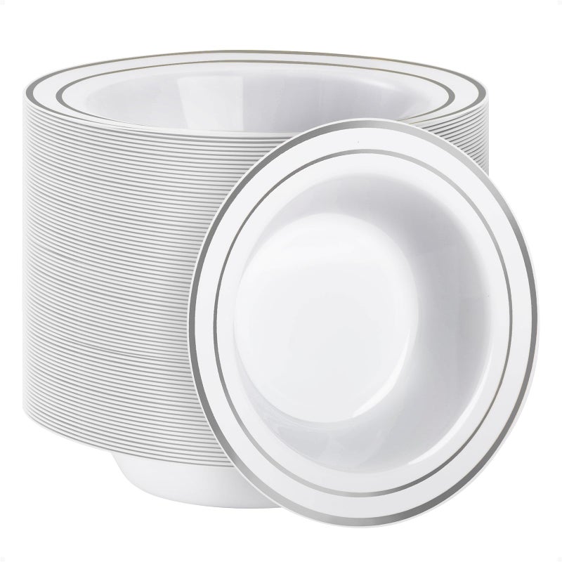 Goodluck 100 Pack Plastic Bowls with Silver Rim 12oz Disposable Soup Bowls Heavy Duty Dessert Bowls for Weddings Parties Dinners Catering and Everyday Use