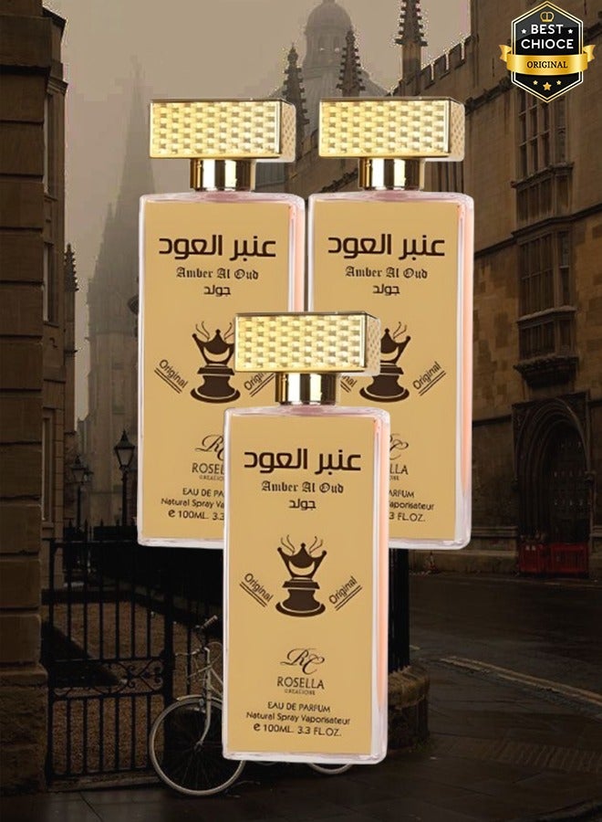 Rosella 3 Pieces Amber Al Oud Gold Perfume For Unisex 100ml EDP - Image 1