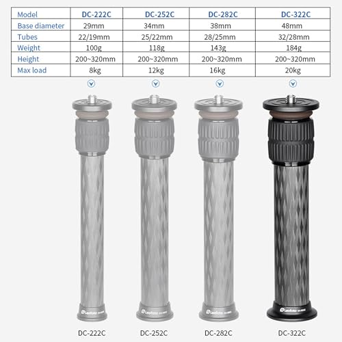 Leofoto Center Column, Add-On Tripod Extension, Carbon Fiber, Adjustable 2 Sections, Convertible Screw Stud, 3/8" Mounting Thread, 4 (DC-322C) - Image 2