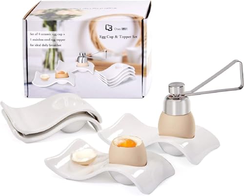Chas Bete ChasBete Ceramic Egg Cup Egg Cups for Soft Boiled Eggs Soft Boiled Egg Holder 4  1 Egg Topper Cutter Soft Boiled Egg Cups Set