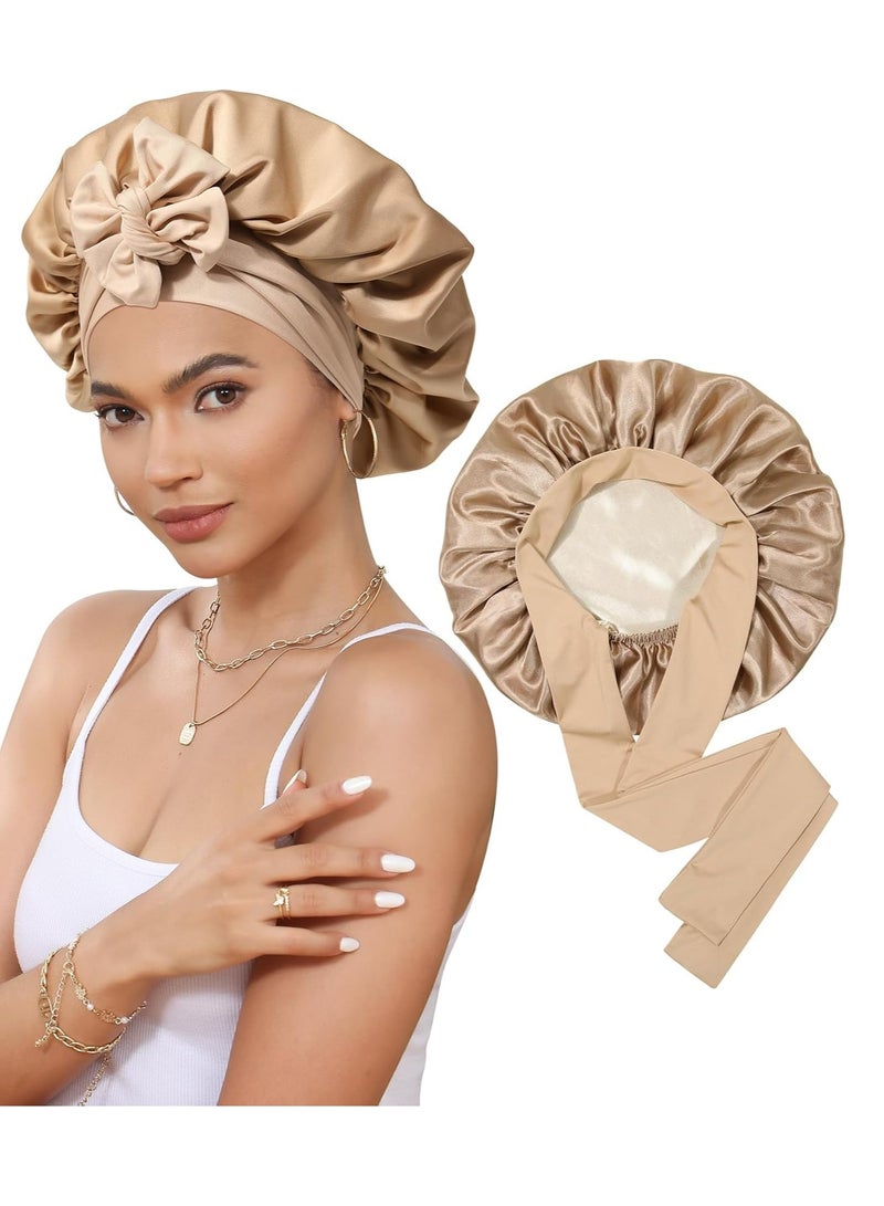 أوزيغالور قبعة نوم من الحرير الساتان، قبعة نوم مزدوجة الطبقات مع رباط مطاطي للشعر المجعد - Image 1
