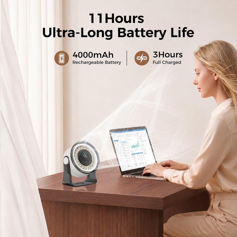 MERTTURM Rechargeable USB Desk Fan for Bedroom, Small Portable Quiet Table Fan with 100 Speeds, 360° Rotation, Wall Mounted Design, LED Display for Bedroom Home Office Travel (White-Black) - Image 2