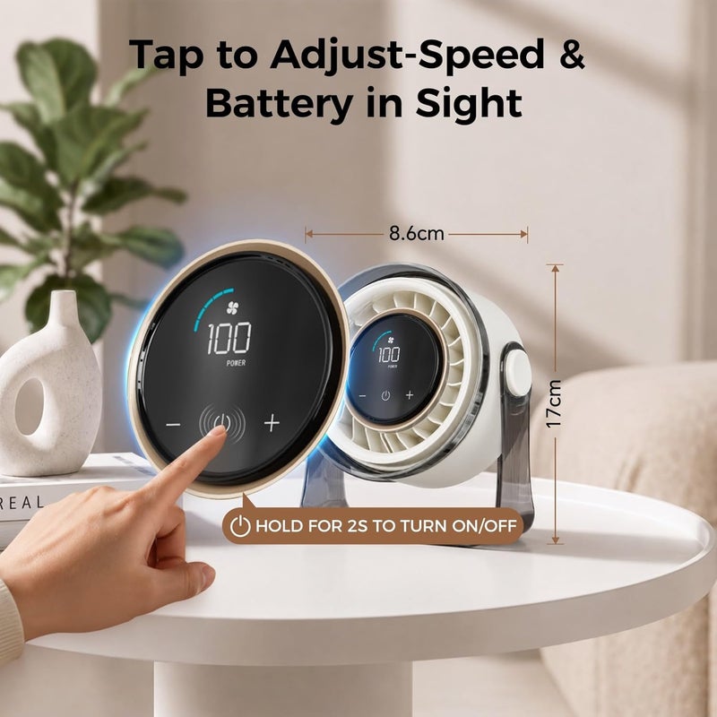 MERTTURM Rechargeable USB Desk Fan for Bedroom, Small Portable Quiet Table Fan with 100 Speeds, 360° Rotation, Wall Mounted Design, LED Display for Bedroom Home Office Travel (White-Black) - Image 4