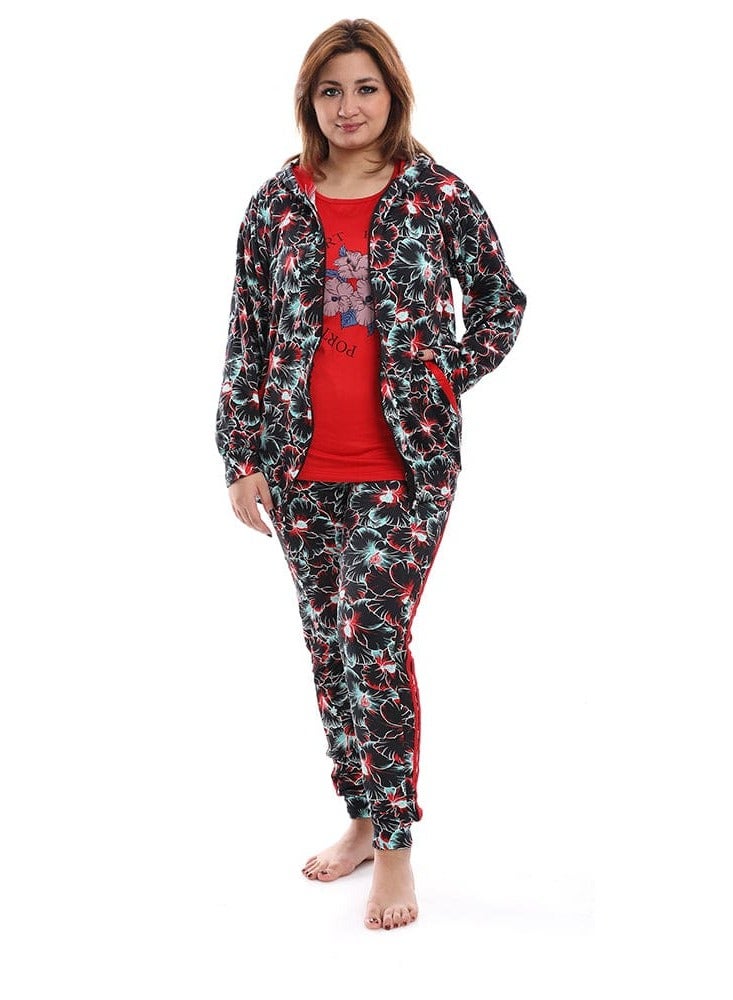 Women's Melton Cotton T-Shirt and Pants Set, Hooded Sweatshirt with T-Shirt and Pants, Black  - Image 1