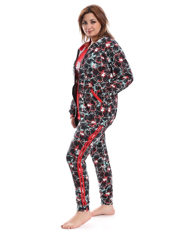 Women's Melton Cotton T-Shirt and Pants Set, Hooded Sweatshirt with T-Shirt and Pants, Black  - Image 2