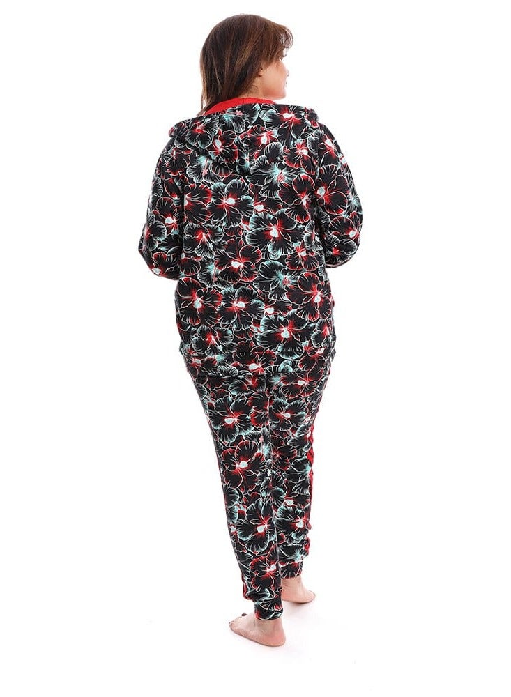 Women's Melton Cotton T-Shirt and Pants Set, Hooded Sweatshirt with T-Shirt and Pants, Black  - Image 3