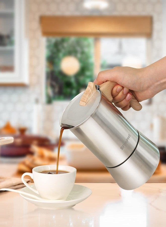 Sivaphe Stovetop Espresso Maker Stainless Steel 9 Cups, Induction-Capable Mocha Pot 450ml, Coffee Percolator with Replacement Silicone Gasket Steel Filter and Instructions (1 Cup=50ml) - Image 2