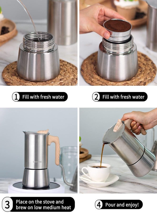 Sivaphe Stovetop Espresso Maker Stainless Steel 9 Cups, Induction-Capable Mocha Pot 450ml, Coffee Percolator with Replacement Silicone Gasket Steel Filter and Instructions (1 Cup=50ml) - Image 3