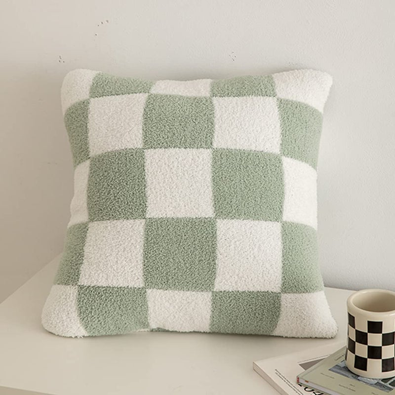 NIDITW Set of 2 St Patrick's Day Gift Ultra Soft Checkerboard Throw Pillow Cover Fuzzy Microfiber Chessboard Gingham Cushion Case Cozy Checkered Pillowcase Decor for Sofa Couch 18x18 Inches (1-Green) - Image 2