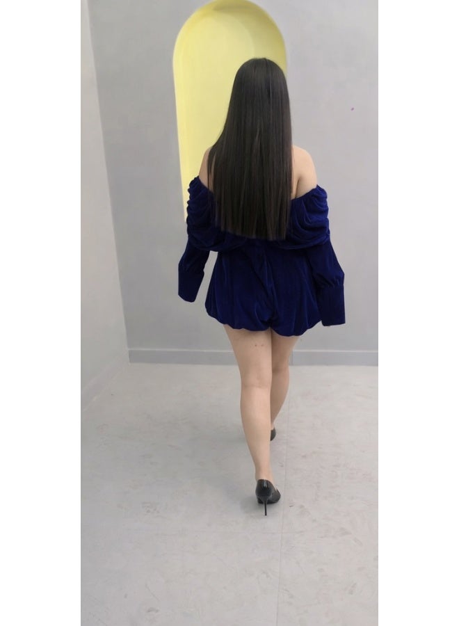 Bold Chic Navy Blue Velvet Romper Dress for Women - Image 3