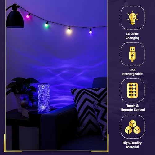 Lexton Crystal Table Lamp | 16 Color Changing Rose Crystal Diamond Shape | USB Rechargeable Touch Bedside Table Lamp | Night Light with Remote Control, for Bedroom Living Room Party Décor - Image 4