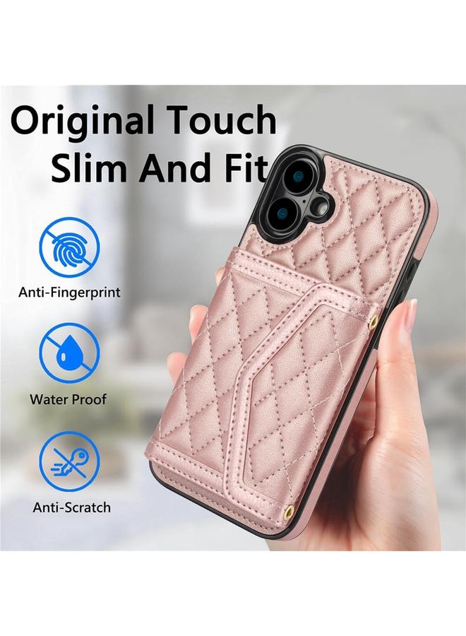 S-TOP Case For iPhone 16 Splicing Rhombic Texture Card Bag Phone Case with Long Lanyard - Image 2