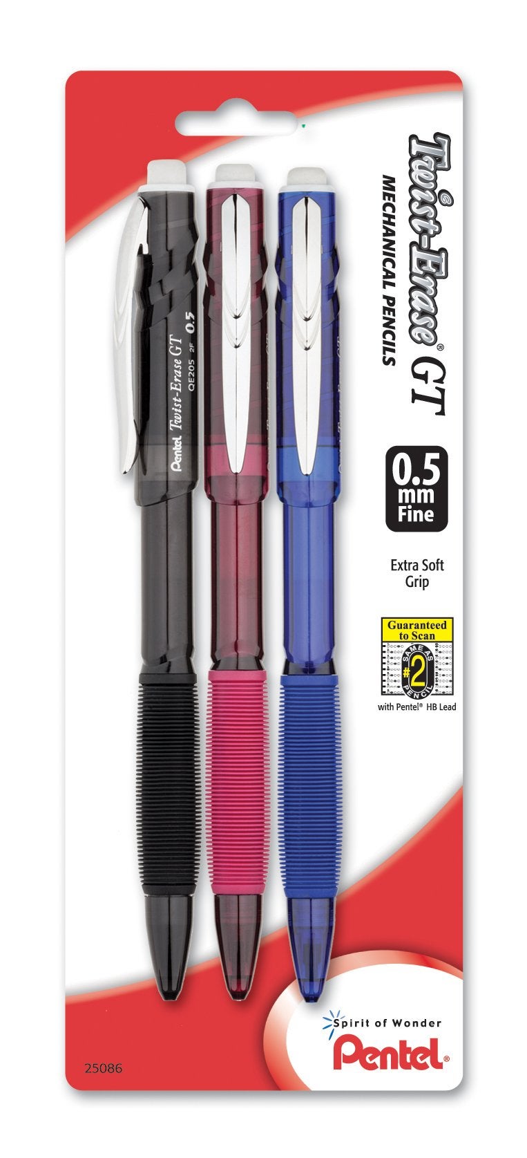 Pentel Twist-Erase GT (0.5mm) Mechanical Pencil, Assorted Barrel Colors, Color May Vary, Pack of 3 (QE205BP3M) - Image 5