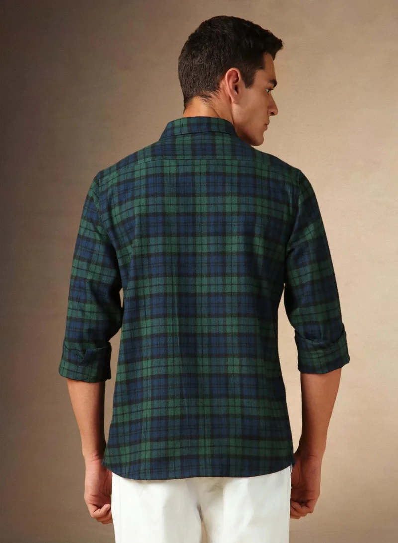Dennis Lingo Men's Teal Blue 100% Cotton Checkered Shirt