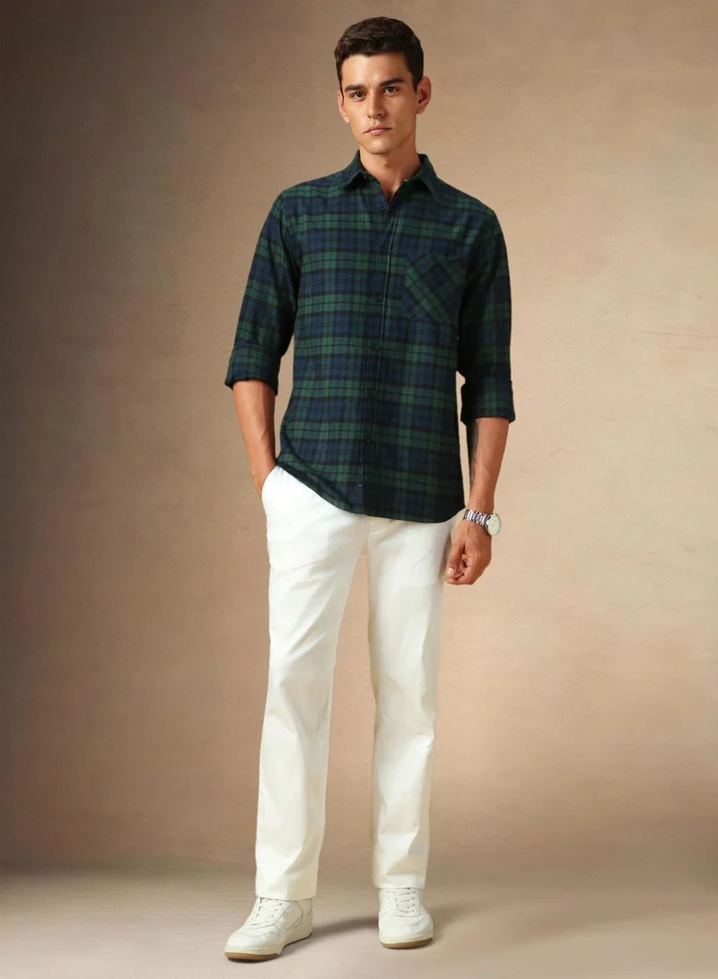 Dennis Lingo Men's Teal Blue 100% Cotton Checkered Shirt