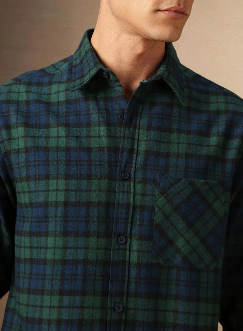 Dennis Lingo Men's Teal Blue 100% Cotton Checkered Shirt