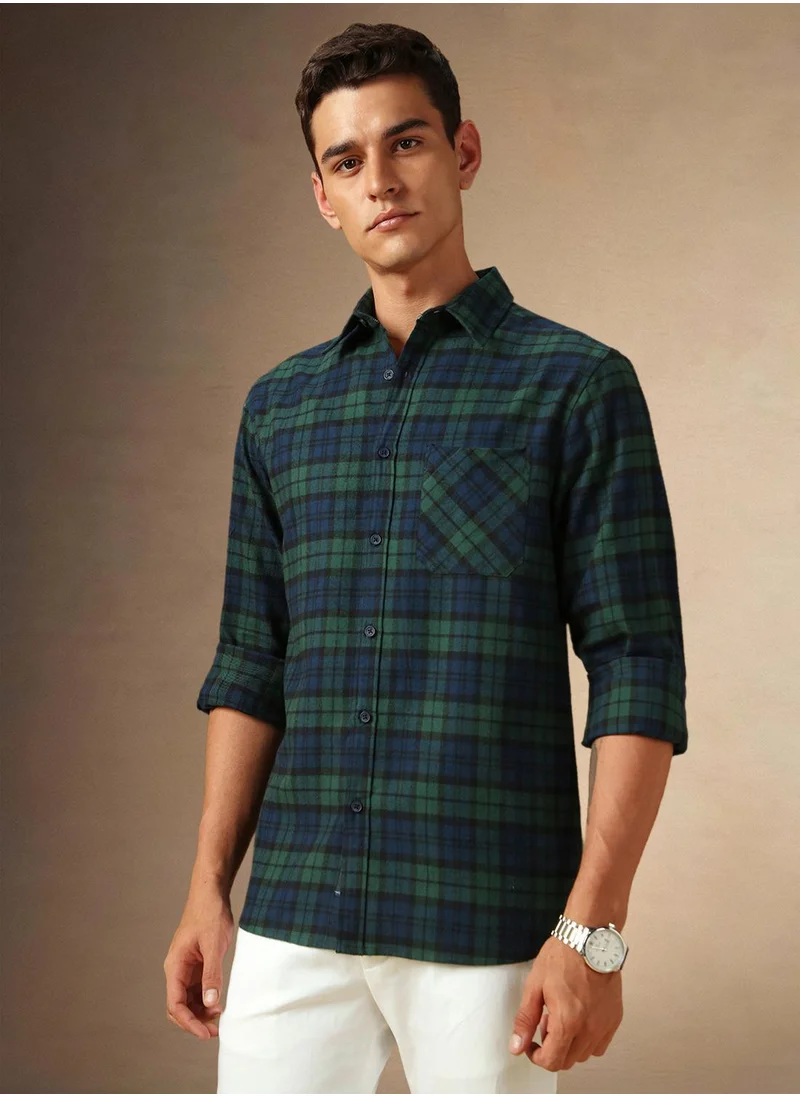 Dennis Lingo Men's Teal Blue 100% Cotton Checkered Shirt