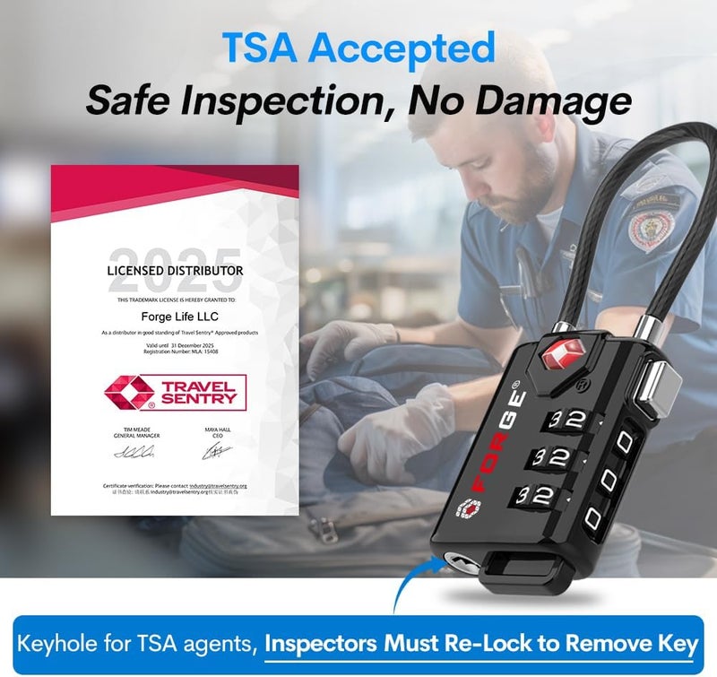Forge TSA Approved Cable Luggage Locks, Re-settable Combination with Alloy Body - Image 2