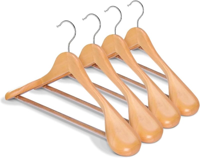 HOUSE DAY 4-Pack Wide Shoulder Wooden Hangers, Natural Suit Hangers with Non-Slip Pants Bar, Smooth Finish 360°Swivel Hook High-Grade Solid Wood Coat Hangers for Dress, Jacket, Heavy Clothes Hanger - Image 1