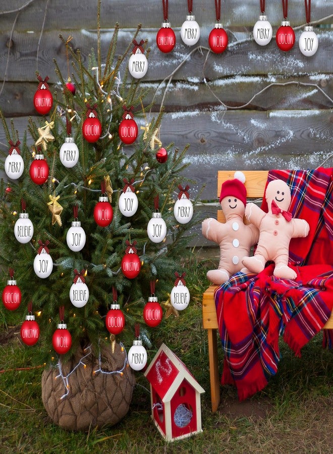 Liliful Ball Christmas Ornaments Merry Pattern Xmas Tree Decorations with Buffalo Plaid Bows Hanging Ball Farmhouse Christmas Decor Rustic Bulbs for Christmas Party Holiday (24 Pcs, 2.36 Inches) - Image 2
