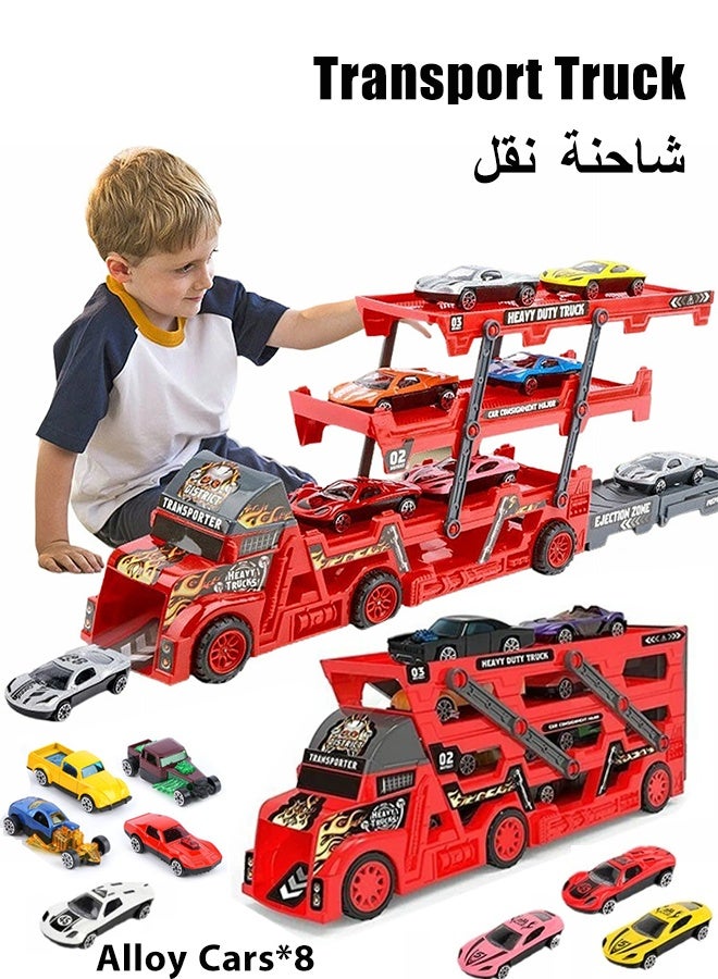 Transport Truck Toy with Slots & Foldable Race, Foldable Car Race Track with 8 PCS Alloy Cars, 9 in 1 Transport Container Trucks,  4 Layer Carrier Truck Race Track, Folding Ejection Race Truck, Die-Cast Transport Truck Toy, Truck Track Playset, Vehicle Playset for Boys and Girls Gift - Image 1