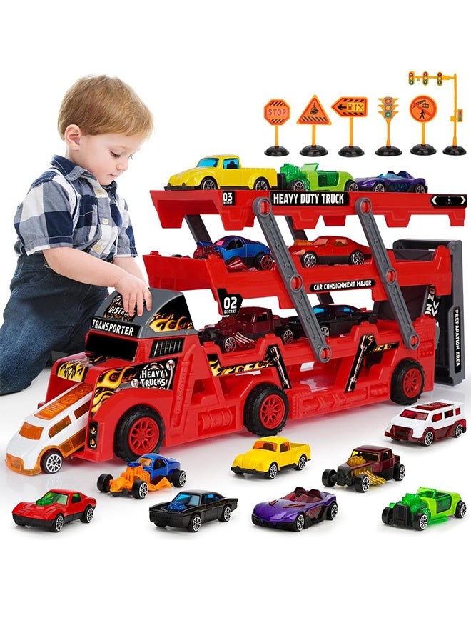 Transport Truck Toy with Slots & Foldable Race, Foldable Car Race Track with 8 PCS Alloy Cars, 9 in 1 Transport Container Trucks,  4 Layer Carrier Truck Race Track, Folding Ejection Race Truck, Die-Cast Transport Truck Toy, Truck Track Playset, Vehicle Playset for Boys and Girls Gift - Image 3