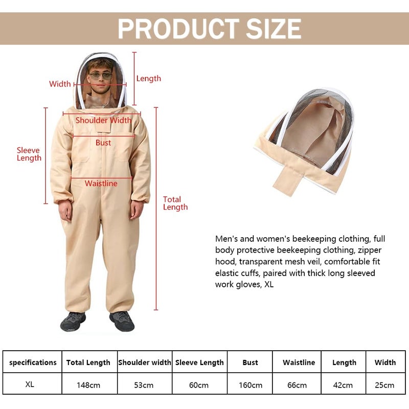 HASTHIP بدلة تربية النحل للرجال والنساء، بدلة واقية كاملة الجسم، غطاء رأس بسحاب مع شبكة شفافة، كف مرن ضيق، مع قفازات عمل سميكة بأكمام طويلة، XL - Image 5