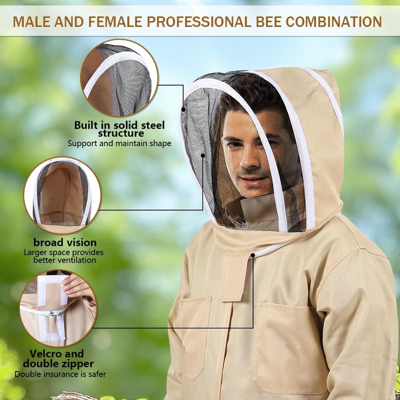 HASTHIP بدلة تربية النحل للرجال والنساء، بدلة واقية كاملة الجسم، غطاء رأس بسحاب مع شبكة شفافة، كف مرن ضيق، مع قفازات عمل سميكة بأكمام طويلة، XL - Image 2