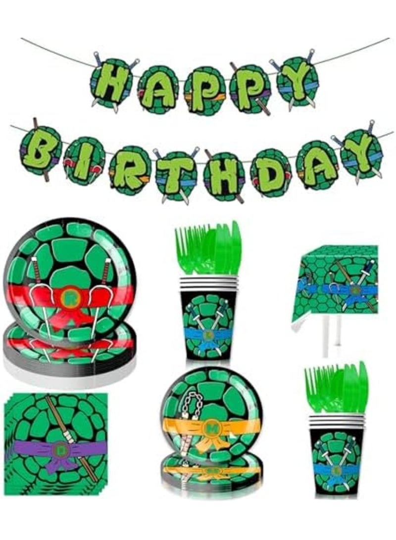 SYOSI Turtle Party Decorations, Turtle Birthday Party Tableware, Includes Theme Plates for 20 People, Paper Napkins, Paper Cups, Tablecloth, Knives, Forks, Spoons and Banner - Image 1