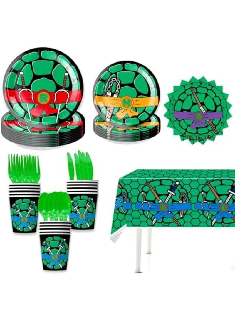 SYOSI Turtle Party Decorations, Turtle Birthday Party Tableware, Includes Theme Plates for 20 People, Paper Napkins, Paper Cups, Tablecloth, Knives, Forks, Spoons and Banner - Image 4