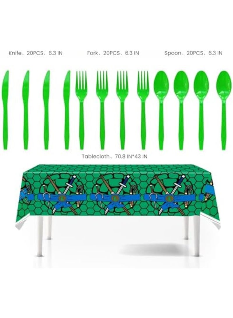 SYOSI Turtle Party Decorations, Turtle Birthday Party Tableware, Includes Theme Plates for 20 People, Paper Napkins, Paper Cups, Tablecloth, Knives, Forks, Spoons and Banner - Image 3
