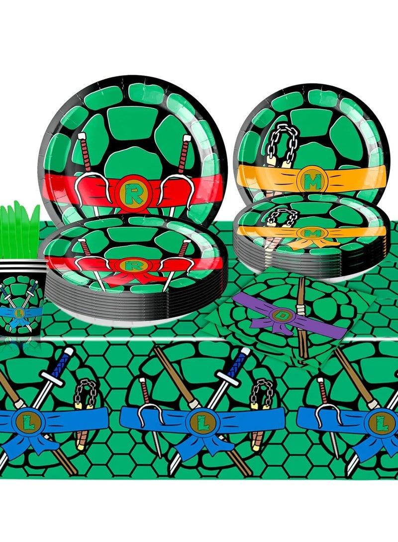 SYOSI Turtle Party Decorations, Turtle Birthday Party Tableware, Includes Theme Plates for 20 People, Paper Napkins, Paper Cups, Tablecloth, Knives, Forks, Spoons and Banner  - Image 2