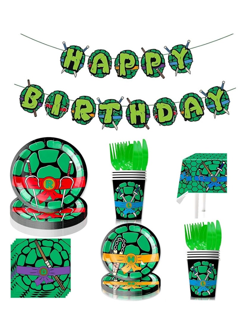 SYOSI Turtle Party Decorations, Turtle Birthday Party Tableware, Includes Theme Plates for 20 People, Paper Napkins, Paper Cups, Tablecloth, Knives, Forks, Spoons and Banner  - Image 1