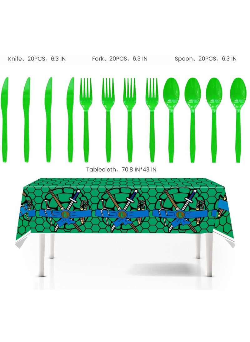 SYOSI Turtle Party Decorations, Turtle Birthday Party Tableware, Includes Theme Plates for 20 People, Paper Napkins, Paper Cups, Tablecloth, Knives, Forks, Spoons and Banner  - Image 3