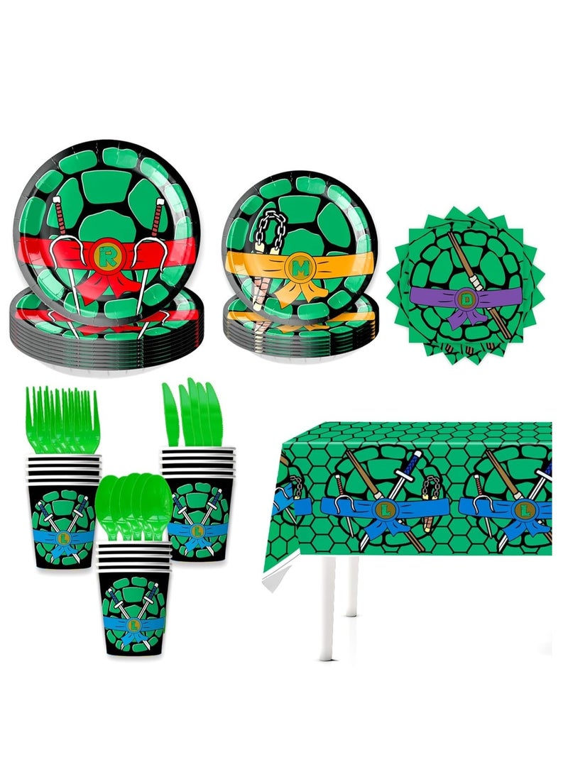 SYOSI Turtle Party Decorations, Turtle Birthday Party Tableware, Includes Theme Plates for 20 People, Paper Napkins, Paper Cups, Tablecloth, Knives, Forks, Spoons and Banner  - Image 4