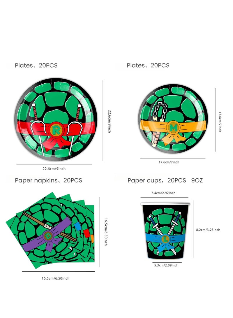 SYOSI Turtle Party Decorations, Turtle Birthday Party Tableware, Includes Theme Plates for 20 People, Paper Napkins, Paper Cups, Tablecloth, Knives, Forks, Spoons and Banner  - Image 5