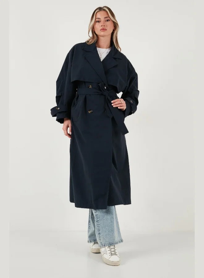 ليلا معطف ترنش طويل نسائي من قطن ليلا، مزدوج الصدر، بأزرار، مقاس كبير