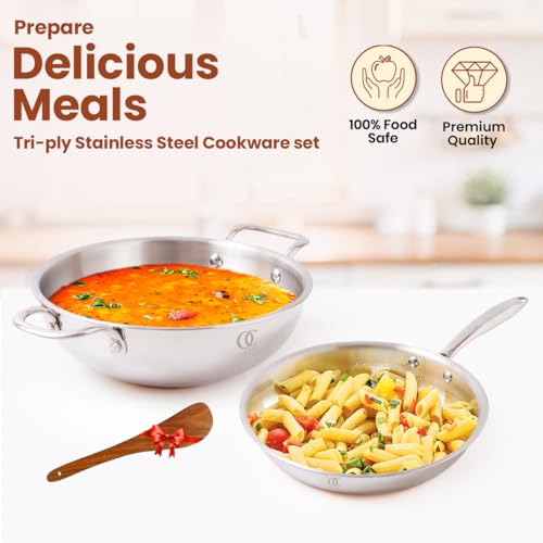 Omichef Triply Cookware Set Kadhai (22 cm / 2.35L) & Frypan (22 cm / 1.45L) with Steel Lid | ISI Certified Stainless Steel Cookware | Induction Friendly, Dishwasher Safe | 5 Year Warranty - Image 5