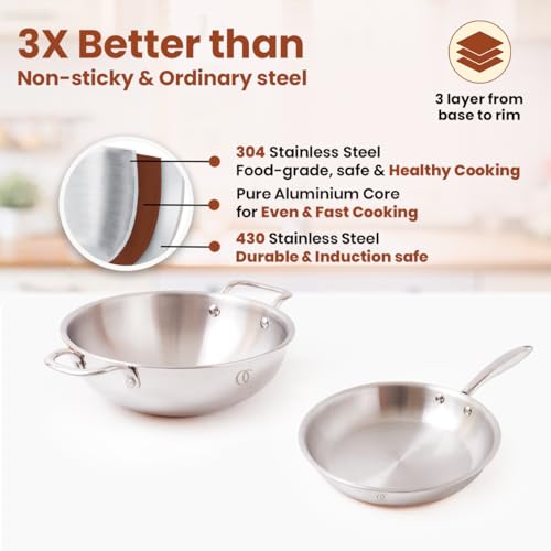 Omichef Triply Cookware Set Kadhai (22 cm / 2.35L) & Frypan (22 cm / 1.45L) with Steel Lid | ISI Certified Stainless Steel Cookware | Induction Friendly, Dishwasher Safe | 5 Year Warranty - Image 4