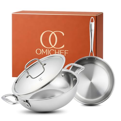 Omichef Triply Cookware Set Kadhai (22 cm / 2.35L) & Frypan (22 cm / 1.45L) with Steel Lid | ISI Certified Stainless Steel Cookware | Induction Friendly, Dishwasher Safe | 5 Year Warranty - Image 2