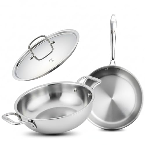 Omichef Triply Cookware Set Kadhai (22 cm / 2.35L) & Frypan (22 cm / 1.45L) with Steel Lid | ISI Certified Stainless Steel Cookware | Induction Friendly, Dishwasher Safe | 5 Year Warranty - Image 1