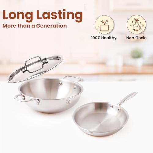 Omichef Triply Cookware Set Kadhai (22 cm / 2.35L) & Frypan (22 cm / 1.45L) with Steel Lid | ISI Certified Stainless Steel Cookware | Induction Friendly, Dishwasher Safe | 5 Year Warranty - Image 3